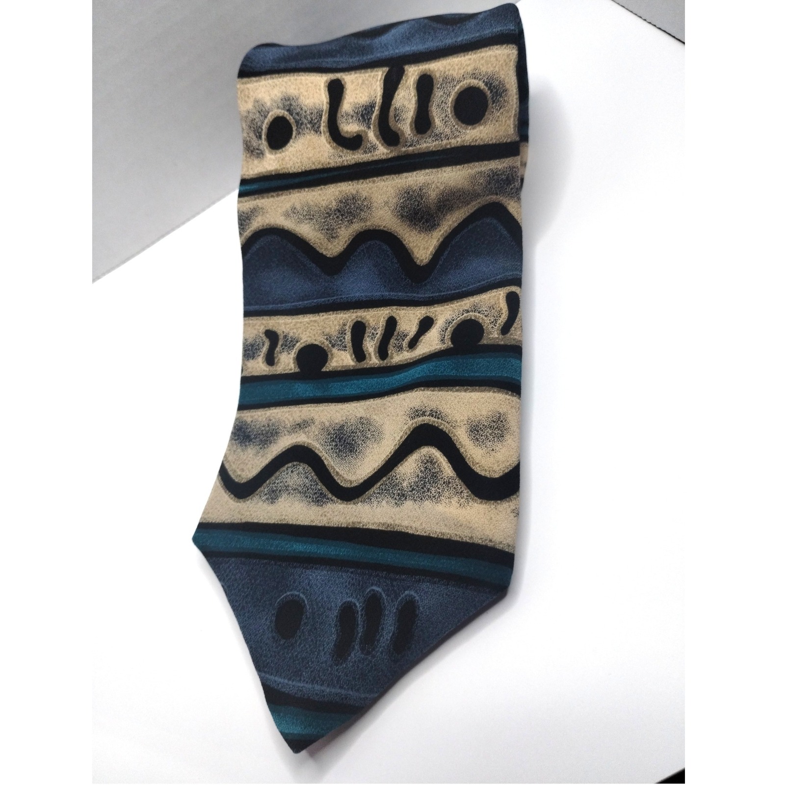 Oscar De La Renta Couture Collection Silk Tie Blue Tan Abstract Geometric 90s